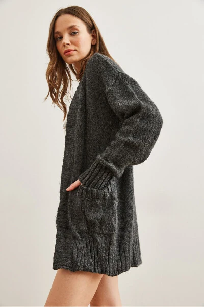 Women's Anthracite Hooded Soft Textured Knit Cardigan HRK-19000324 - 5