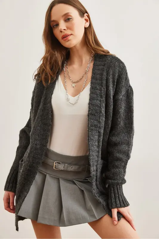 Women's Anthracite Hooded Soft Textured Knit Cardigan HRK-19000324 - 5