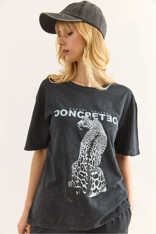 Women's Anthracite Leopard Print Washed T-Shirt TSH- - OLALOOK