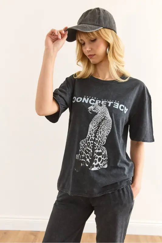 Women's Anthracite Leopard Print Washed T-Shirt TSH- - 3