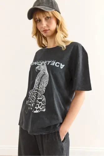 Women's Anthracite Leopard Print Washed T-Shirt TSH- - 4