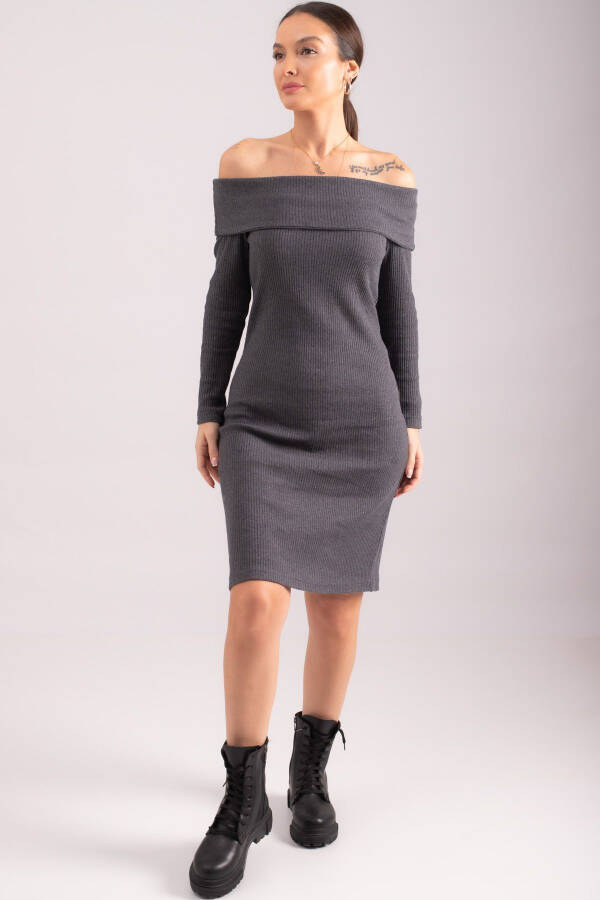 Women's Anthracite Madonna Collar Bodycon Ribbed Knit Dress ARM-24K001070 - 2