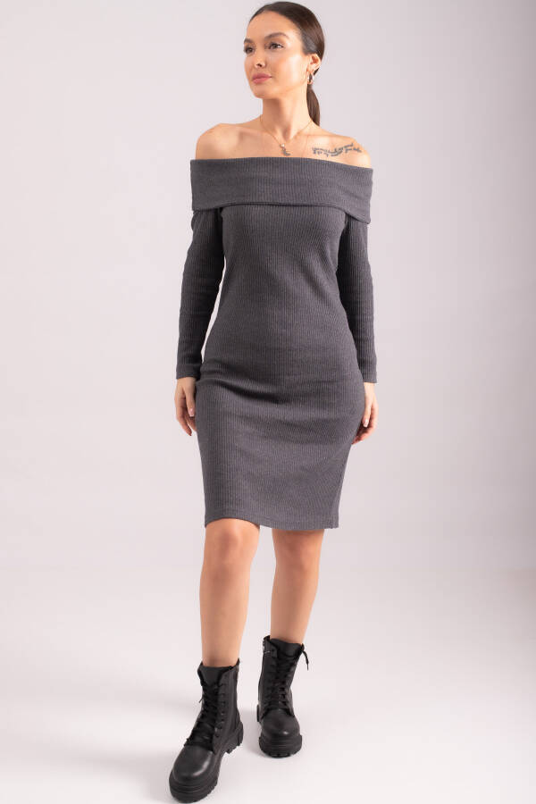 Women's Anthracite Madonna Collar Bodycon Ribbed Knit Dress ARM-24K001070 - 5