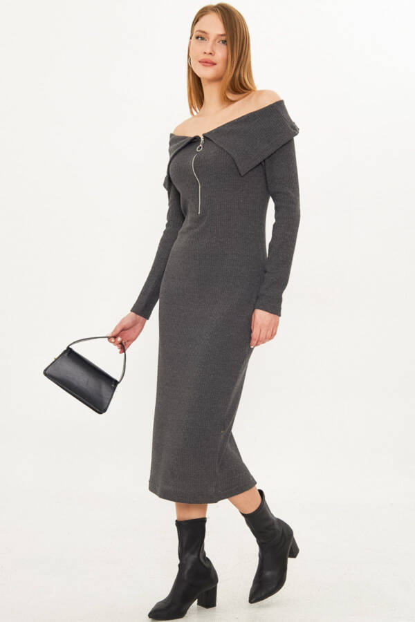 Women's Anthracite Off-Shoulder Front Zipper Slit - 7