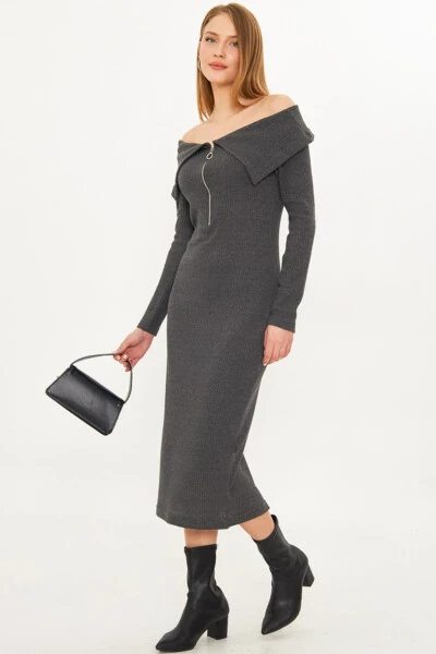 Women's Anthracite Off-Shoulder Front Zipper Slit - 1