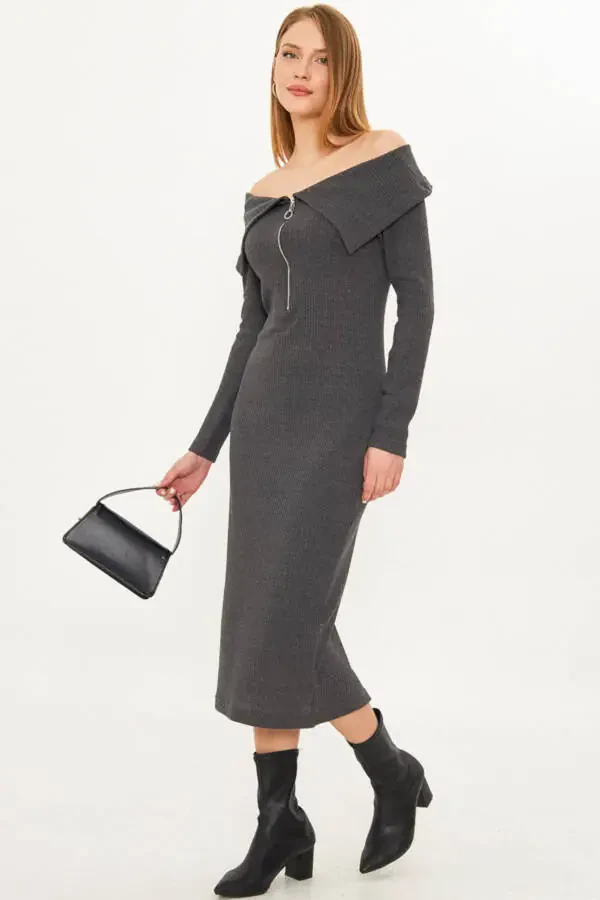 Women's Anthracite Off-Shoulder Front Zipper Slit - 1