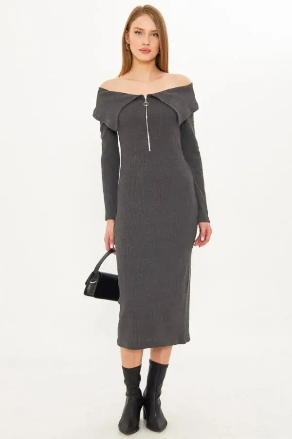 Women's Anthracite Off-Shoulder Front Zipper Slit - 2