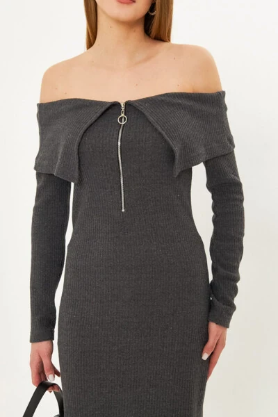 Women's Anthracite Off-Shoulder Front Zipper Slit - 3