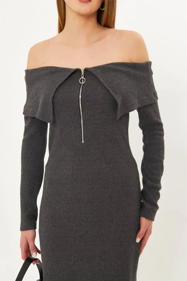 Women's Anthracite Off-Shoulder Front Zipper Slit - 3