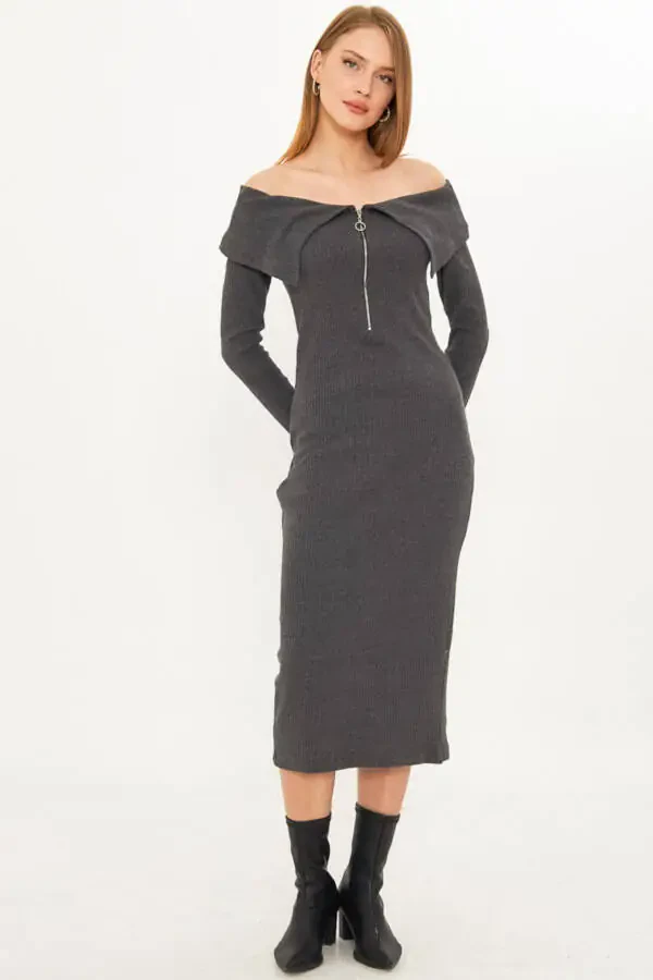 Women's Anthracite Off-Shoulder Front Zipper Slit - 4