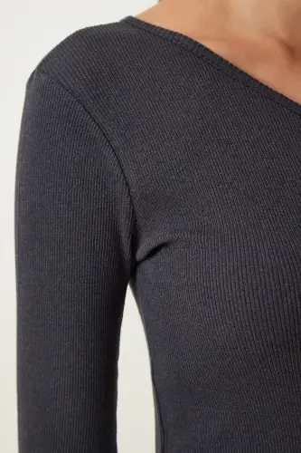 Women's Anthracite Off-Shoulder Ribbed Knit Blouse TG00011-Anthracite - 4