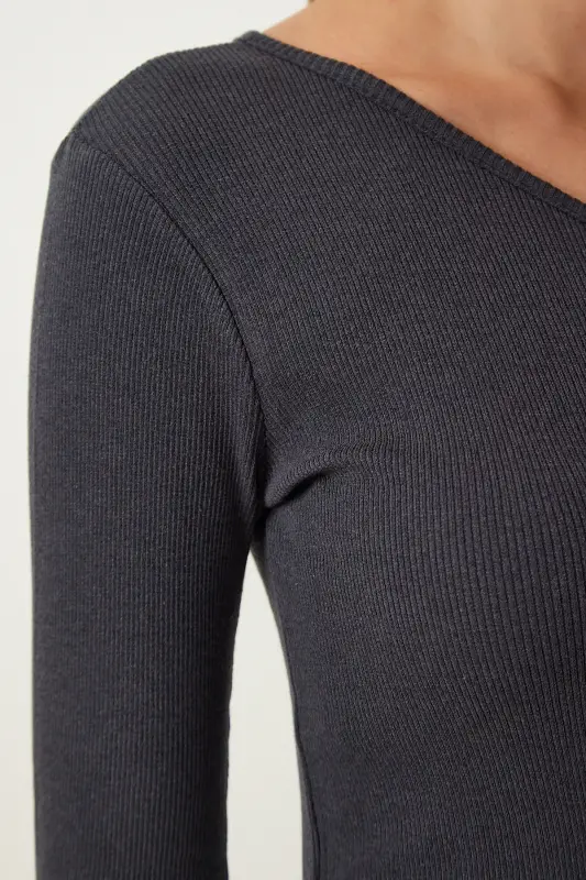 Women's Anthracite Off-Shoulder Ribbed Knit Blouse TG00011-Anthracite - 4