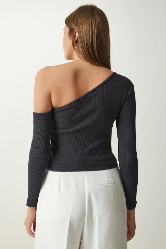 Women's Anthracite Off-Shoulder Ribbed Knit Blouse TG00011-Anthracite - 5