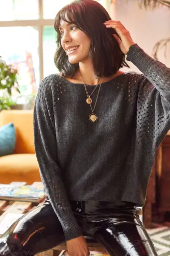 Women's Anthracite Openwork Batwing Oversize Knit Sweater - Anthracite 