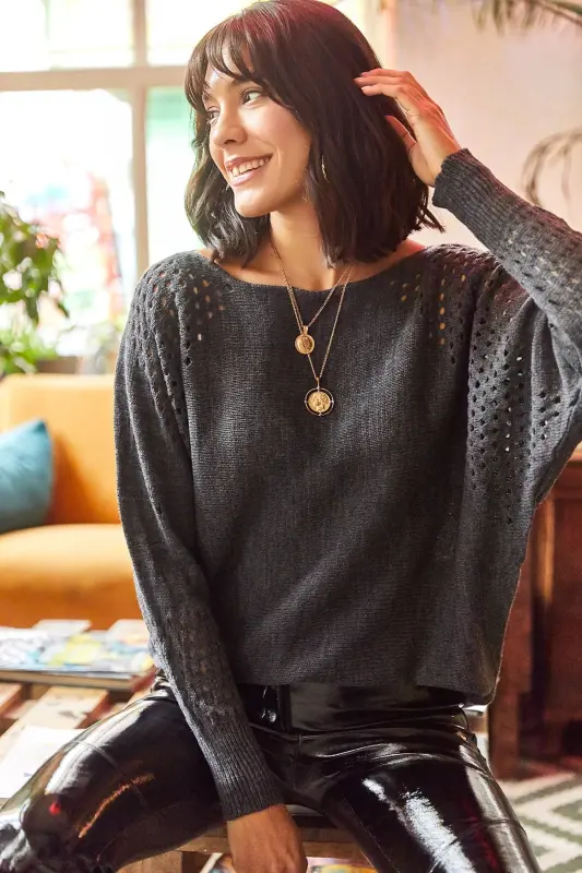 Women's Anthracite Openwork Batwing Oversize Knit Sweater - Anthracite - 1