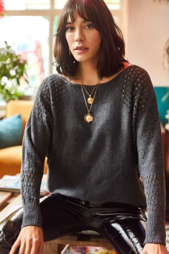 Women's Anthracite Openwork Batwing Oversize Knit Sweater - Anthracite - OLALOOK (1)