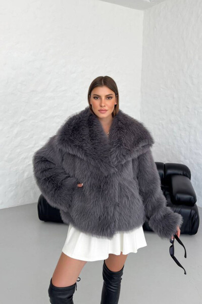 Women's Anthracite Oversized Snap-Button Imported Fur Coat NBG037 - 2