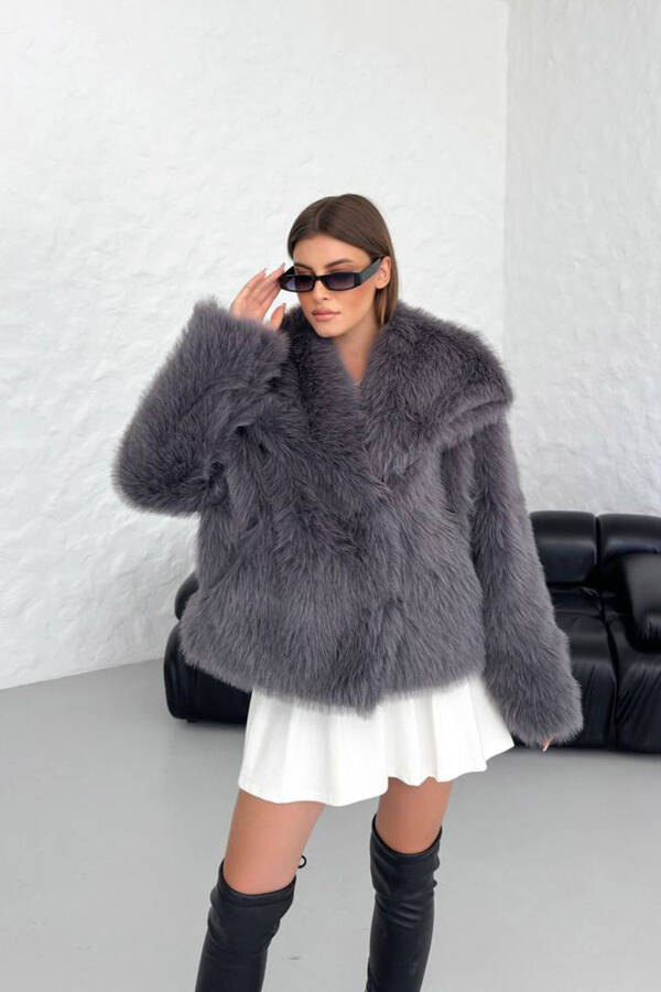 Women's Anthracite Oversized Snap-Button Imported Fur Coat NBG037 - 3