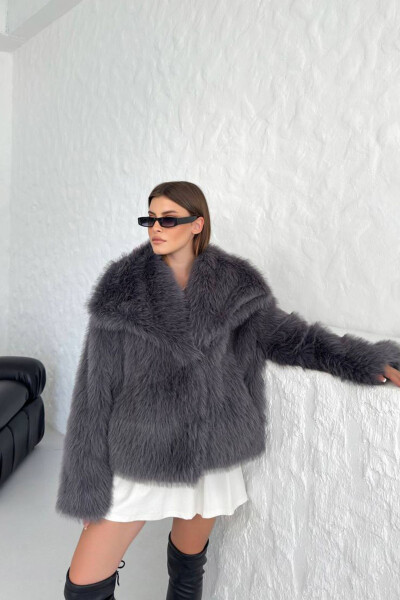 Women's Anthracite Oversized Snap-Button Imported Fur Coat NBG037 - 4