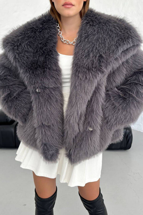 Women's Anthracite Oversized Snap-Button Imported Fur Coat NBG037 - 5