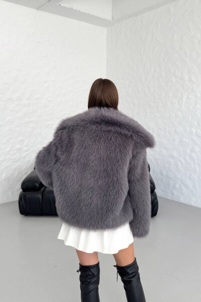 Women's Anthracite Oversized Snap-Button Imported Fur Coat NBG037 - 6