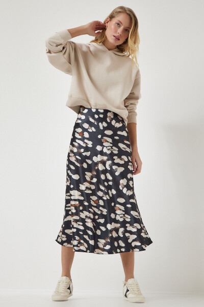 Women's Anthracite Patterned Satin Skirt DD01142 - HAPPINESS İSTANBUL