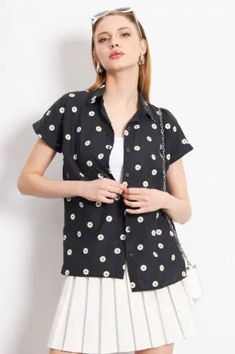 Women's Anthracite Patterned Short Sleeve Shirt ARM-22Y0010 - ARMONIKA (1)