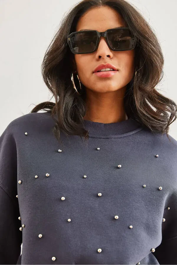 Women's Anthracite Pearl Detail Thistle Crop Heavyweight Sweatshirt SWT-19000663 - 2