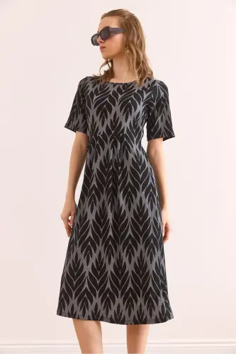 Women's Anthracite Pleated Detail Crew Neck Dress E - 1