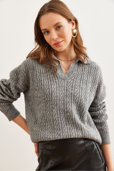 Women's Anthracite Polo Collar Cable Knit Sweater KZK-19000881 - OLALOOK