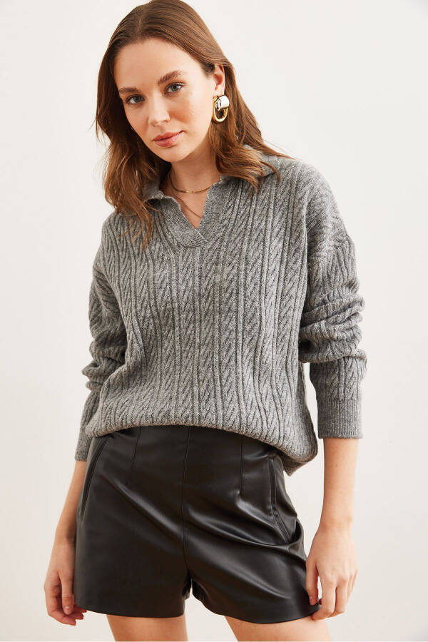 Women's Anthracite Polo Collar Cable Knit Sweater KZK-19000881 - 2