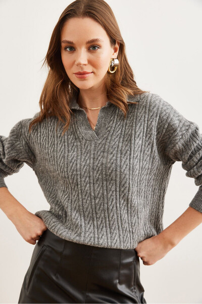 Women's Anthracite Polo Collar Cable Knit Sweater KZK-19000881 - 3