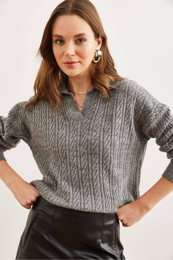 Women's Anthracite Polo Collar Cable Knit Sweater KZK-19000881 - 3