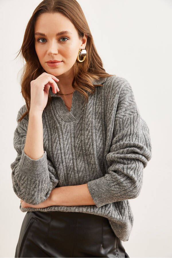 Women's Anthracite Polo Collar Cable Knit Sweater KZK-19000881 - 4