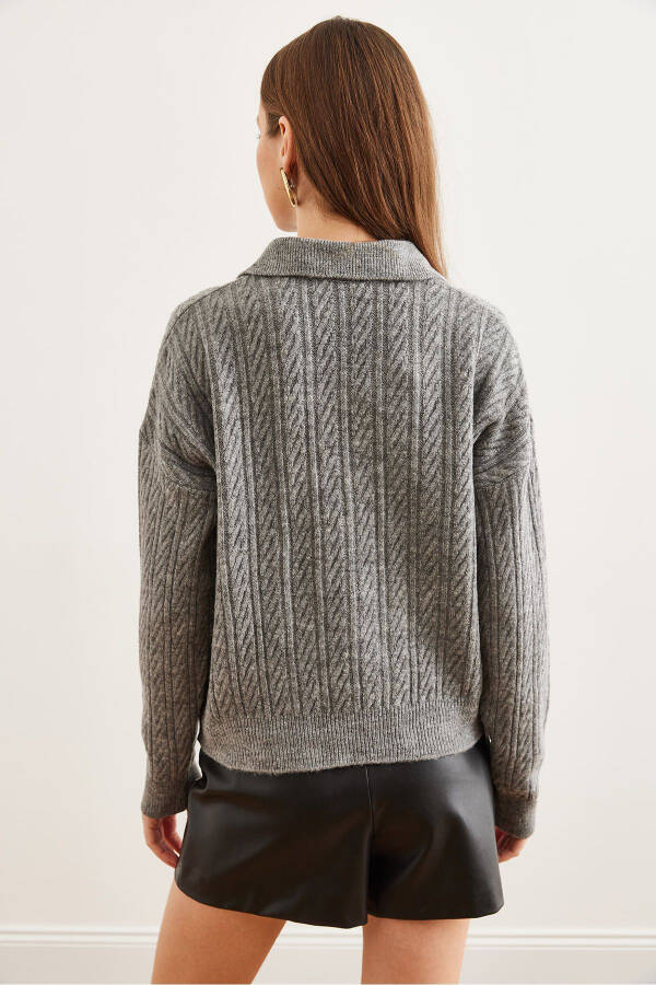 Women's Anthracite Polo Collar Cable Knit Sweater KZK-19000881 - 6