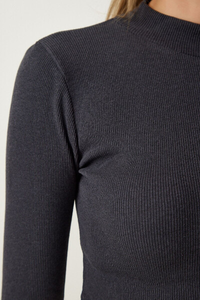 Women's Anthracite Ribbed Fisherman Neck Crop Knitted Blouse GT00059 - 3