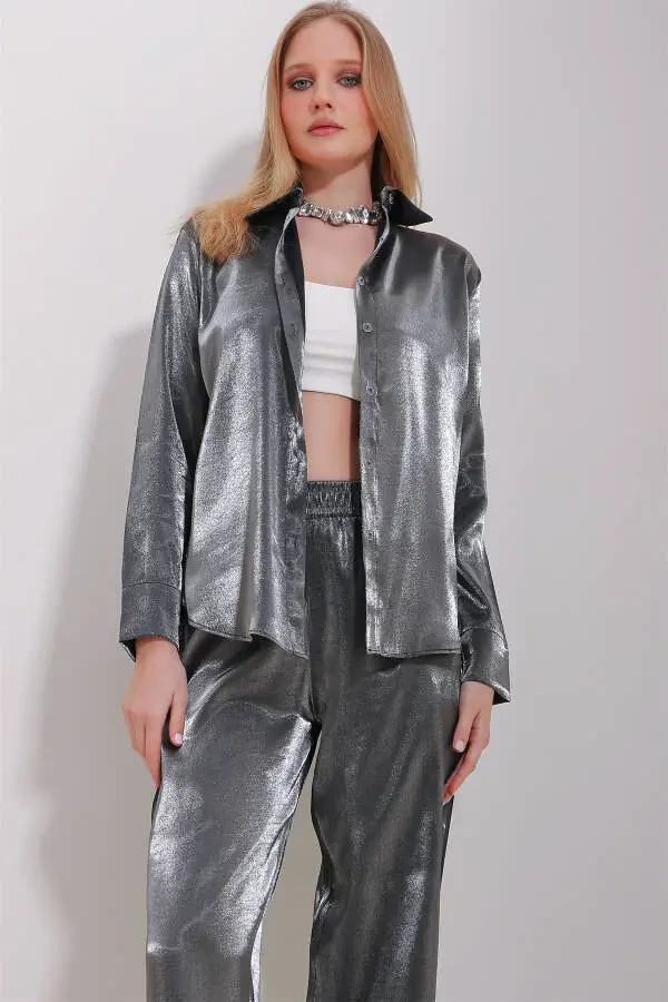 Women's Anthracite Shiny Woven Oversize Shirt ALC-X11492 - 3