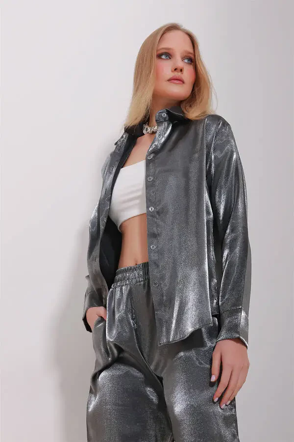 Women's Anthracite Shiny Woven Oversize Shirt ALC-X11492 - 4