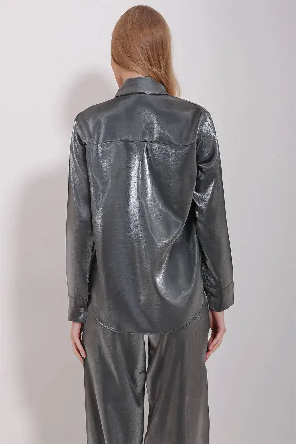 Women's Anthracite Shiny Woven Oversize Shirt ALC-X11492 - 5