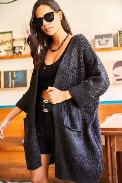 Women's Anthracite Sleeve-Rolled Pocket Loose Tricot Cardigan HRK-19000123 - 4