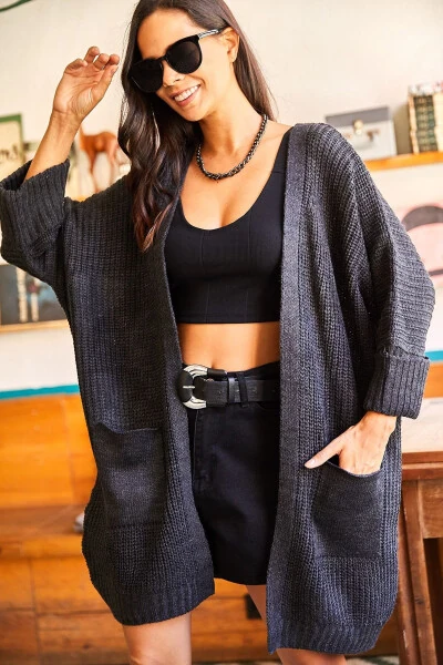Women's Anthracite Sleeve-Rolled Pocket Loose Tricot Cardigan HRK-19000123 - 5