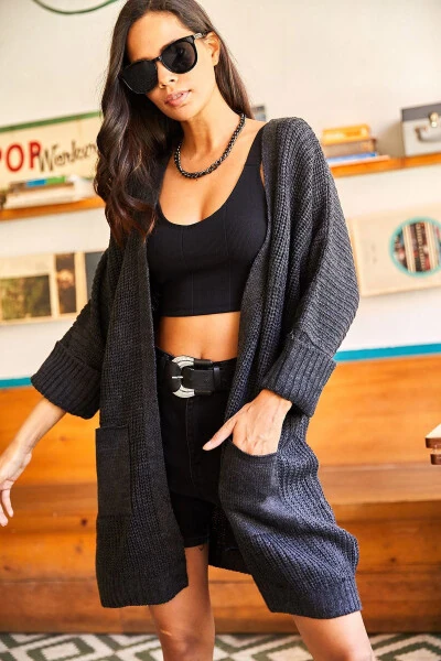 Women's Anthracite Sleeve-Rolled Pocket Loose Tricot Cardigan HRK-19000123 - 6