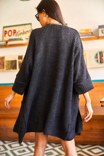 Women's Anthracite Sleeve-Rolled Pocket Loose Tricot Cardigan HRK-19000123 - 7