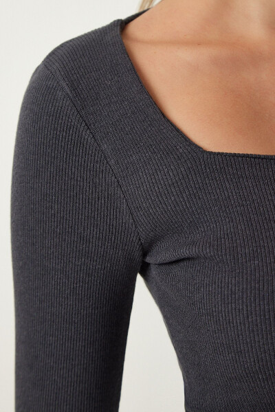 Women's Anthracite Square Neck Ribbed Knit Blouse GT00052 - 3