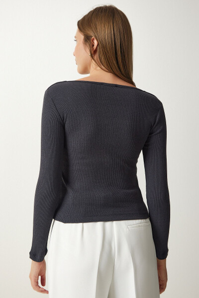 Women's Anthracite Square Neck Ribbed Knit Blouse GT00052 - 4