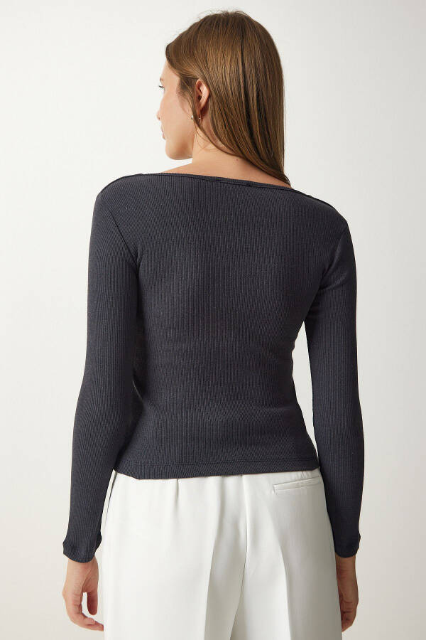 Women's Anthracite Square Neck Ribbed Knit Blouse GT00052 - 4