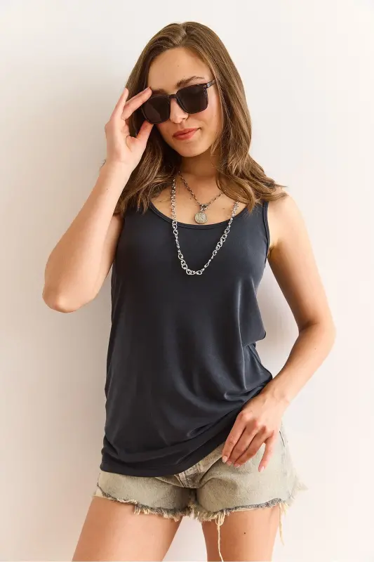 Women's Anthracite Tank Top Drapey Modal Blouse BLZ-19003 - 4