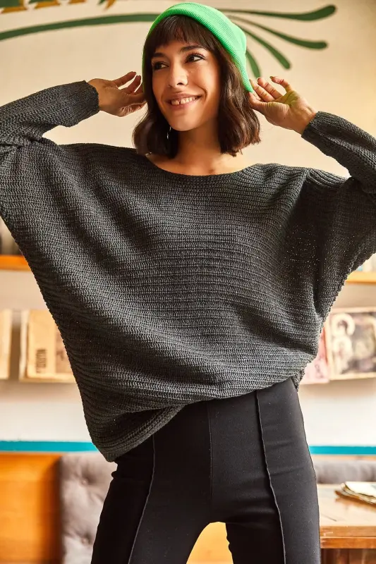 Women's Anthracite Thessaloniki Slouchy Knit Sweater KZK-19000051-Anthracite - 2