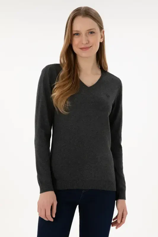 Women's Anthracite V-Neck Basic Sweater 50251903-VR006-142340 - 1
