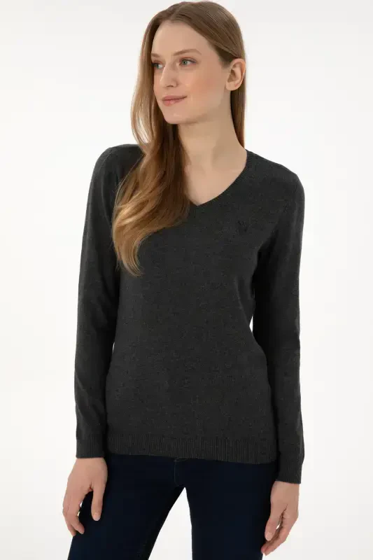 Women's Anthracite V-Neck Basic Sweater 50251903-VR006-142340 - 3